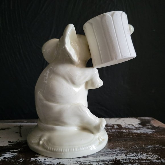 Vintage QQ Ceramic White Elephant Holding Barrel with Trunk, Elephant FIgurine - Picture 5 of 8